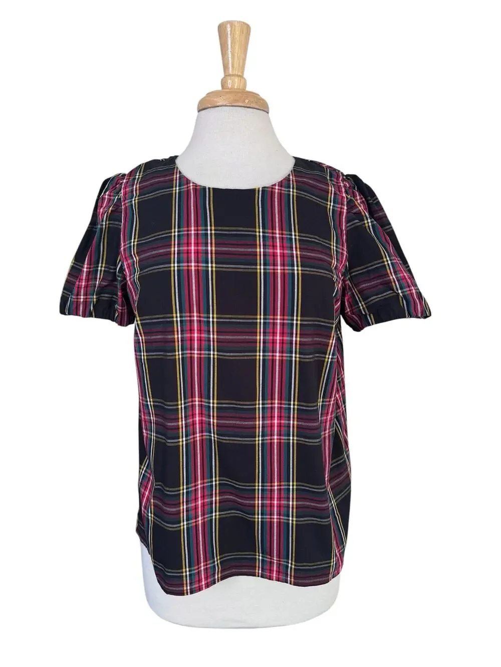 J.CREW Tartan Plaid Poplin Puff Sleeve Top Size Medium Red Black Green Yellow